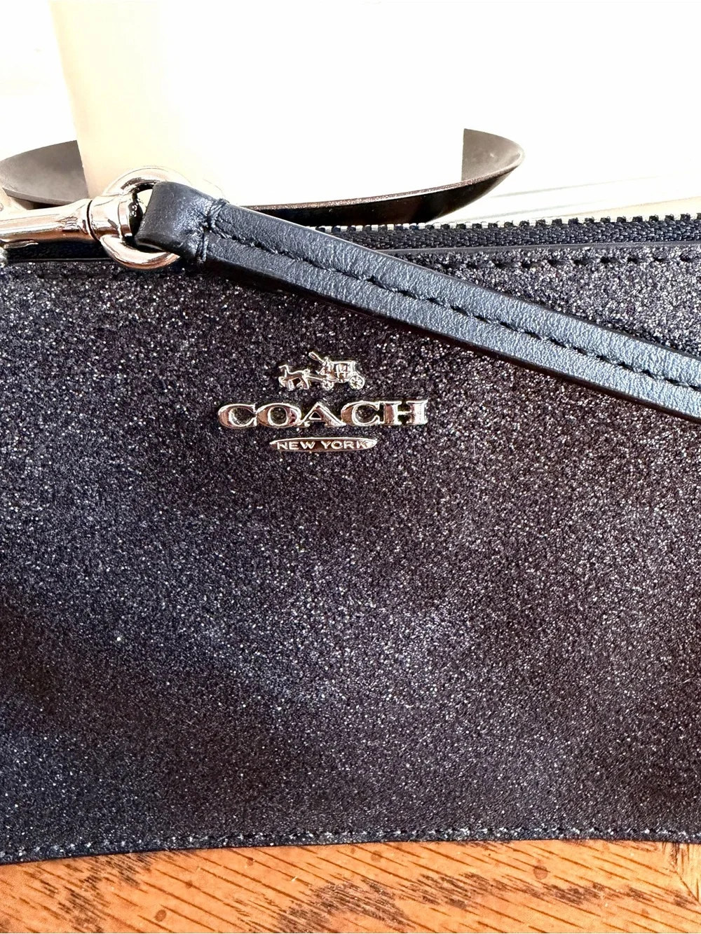 Coach Black Glitter Wristlet Clutch with Silver Logo, strap and hangtag EUC